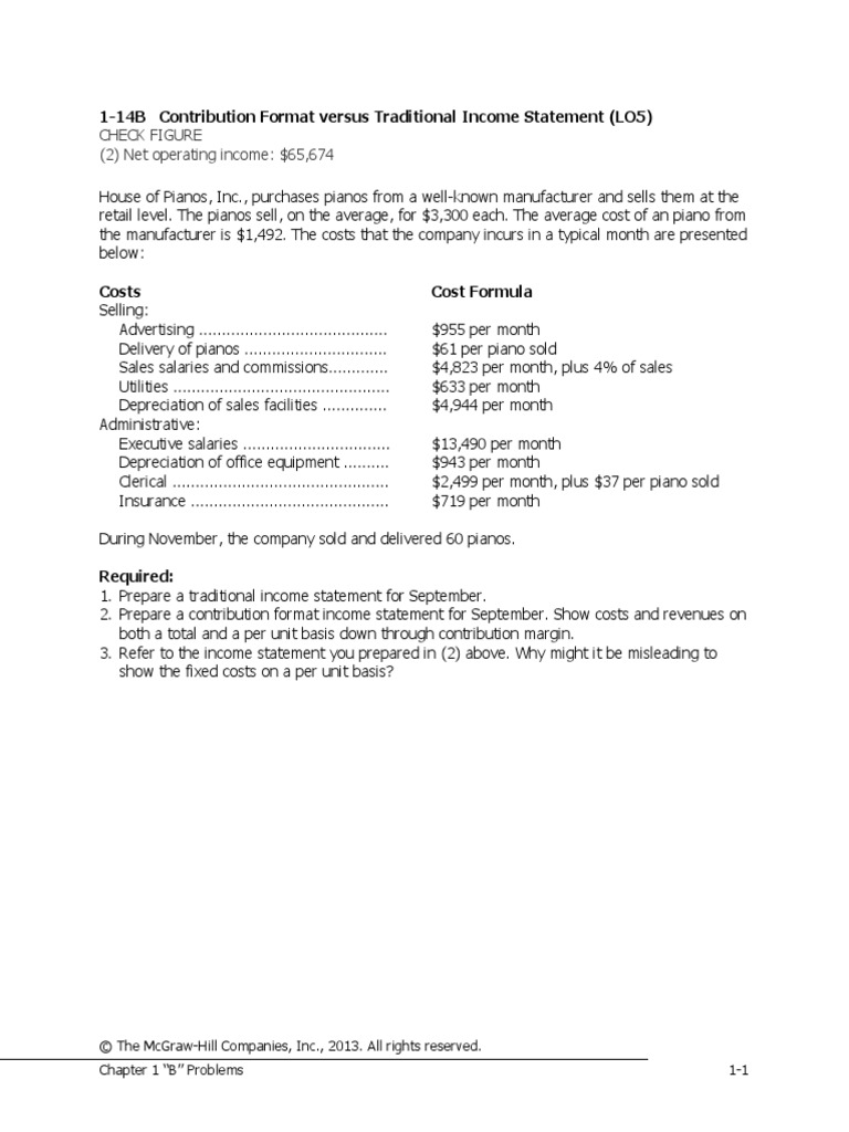 Check Figure (2) Net Operating Income: $65,674: 1-14B Contribution ...