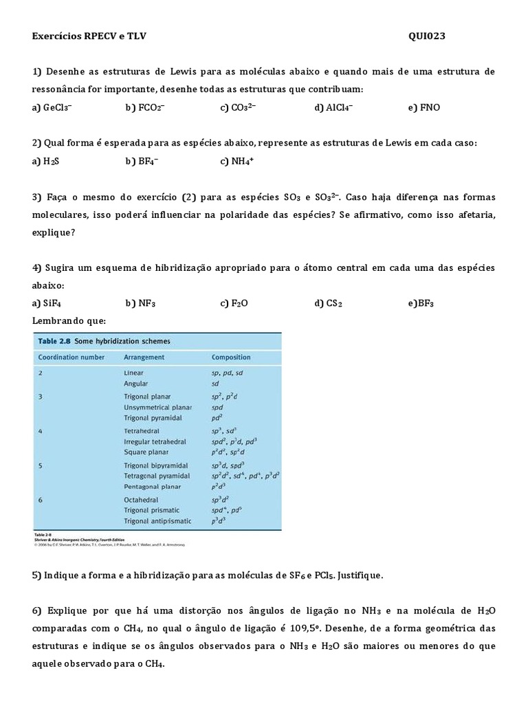 Estruturas de Lewis e Hibridização Química | PDF, image size:768x1024