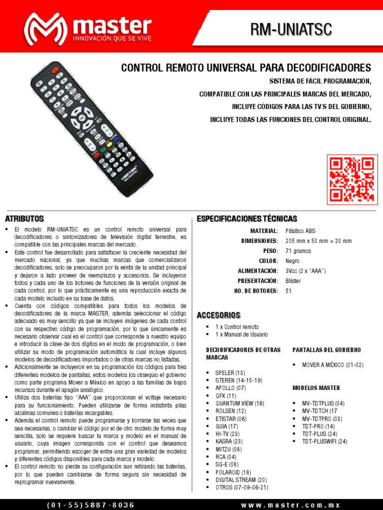 Códigos Control Remoto Universal RM-UNIATSC | PDF | Control remoto ...
