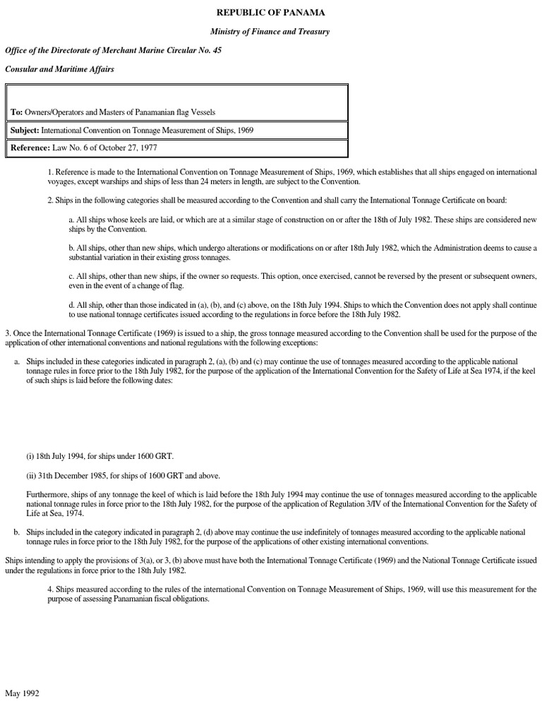 Panama Decree Law No. 45 PDF PDF Tonnage Ships