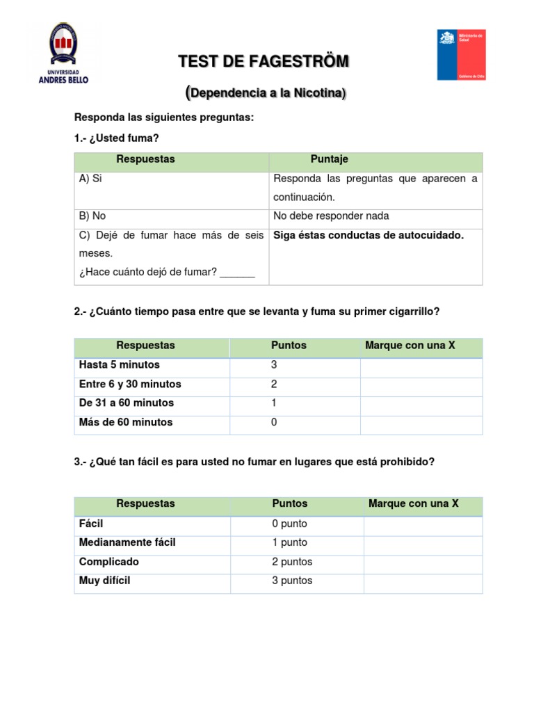 Test de Fagerström: Dependencia Nicotina | PDF | Fumar tabaco | Adicción