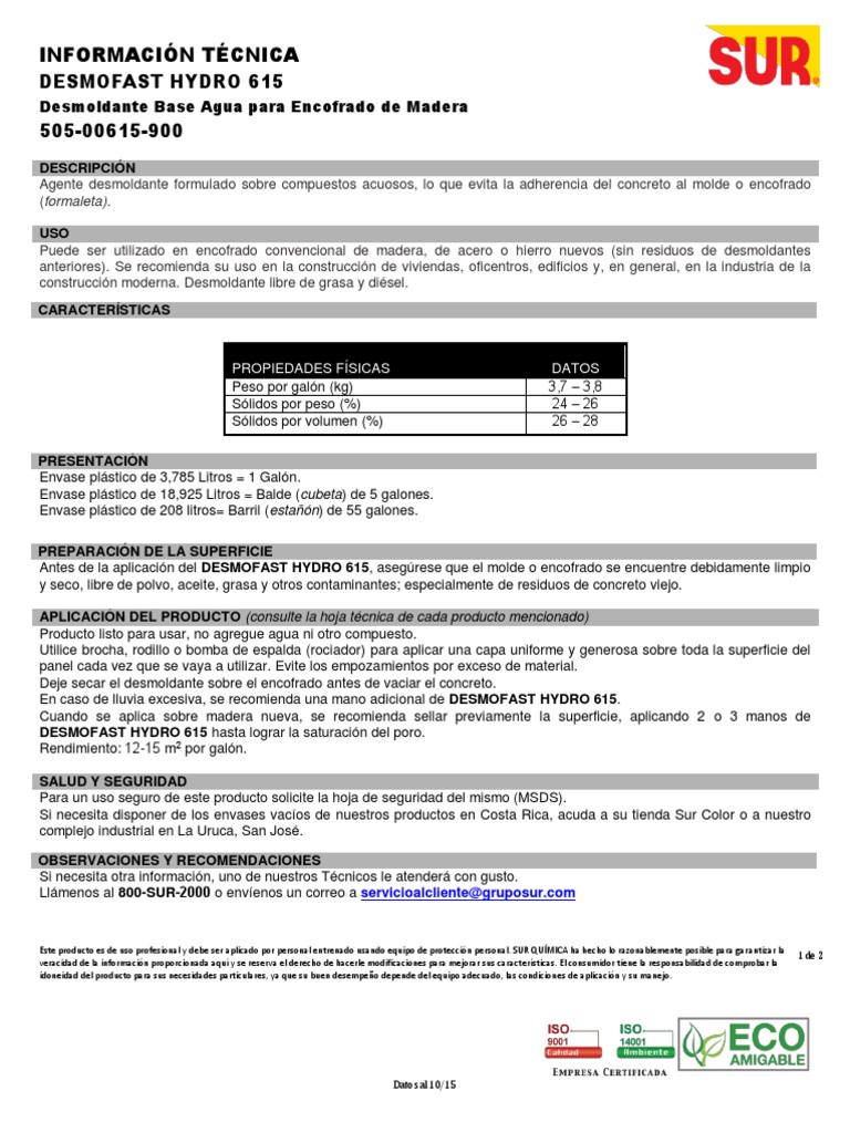 Ficha Tecnica Desmoldantes Sur | PDF | El plastico | Hormigón