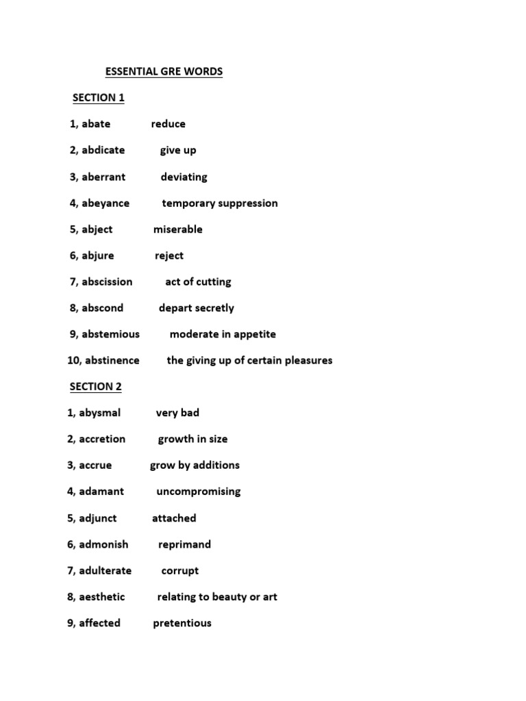 GRE Vocabulary Word List