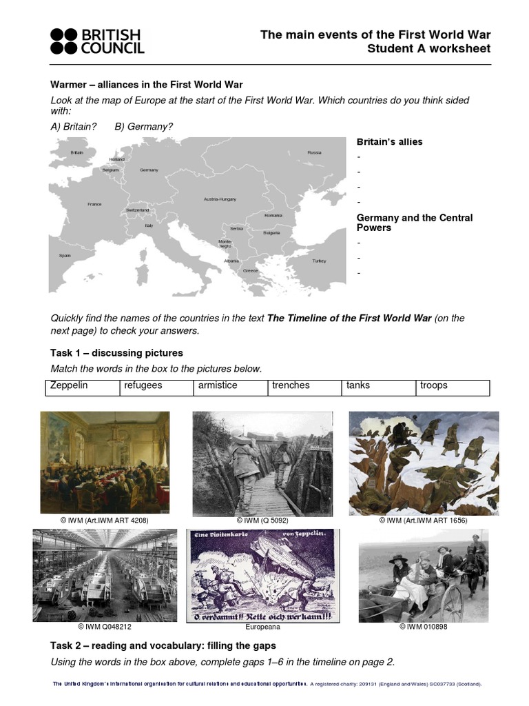 The Main Events Of The First World War Worksheet Student A Allies Of World War I German Empire