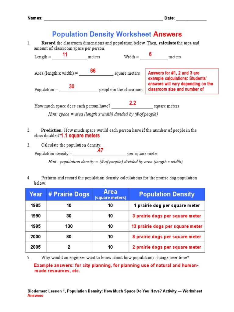 Population Density Calculation Worksheet | PDF | Worksheet | Density