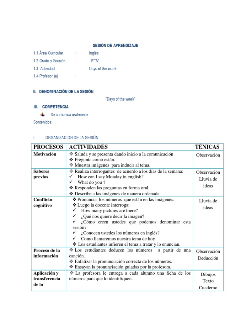 Sesión de Aprendizaje: Días de la Semana | PDF | Aprendizaje | Maestros