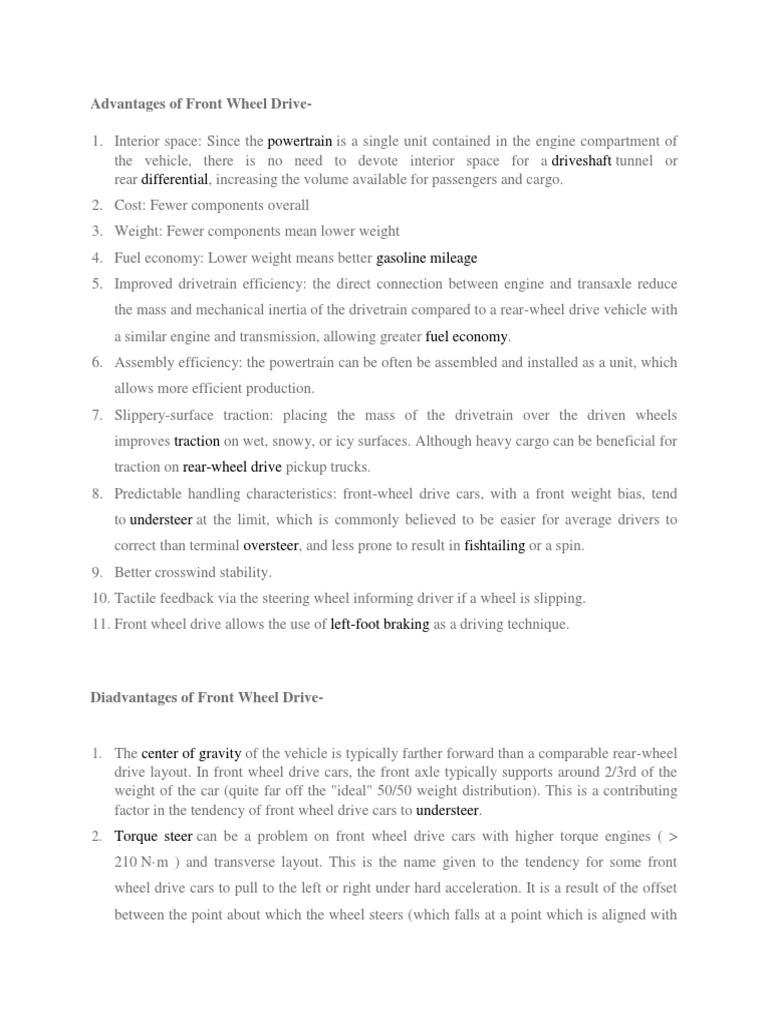 Powertrain Driveshaft Differential Advantages of Front Wheel Drive