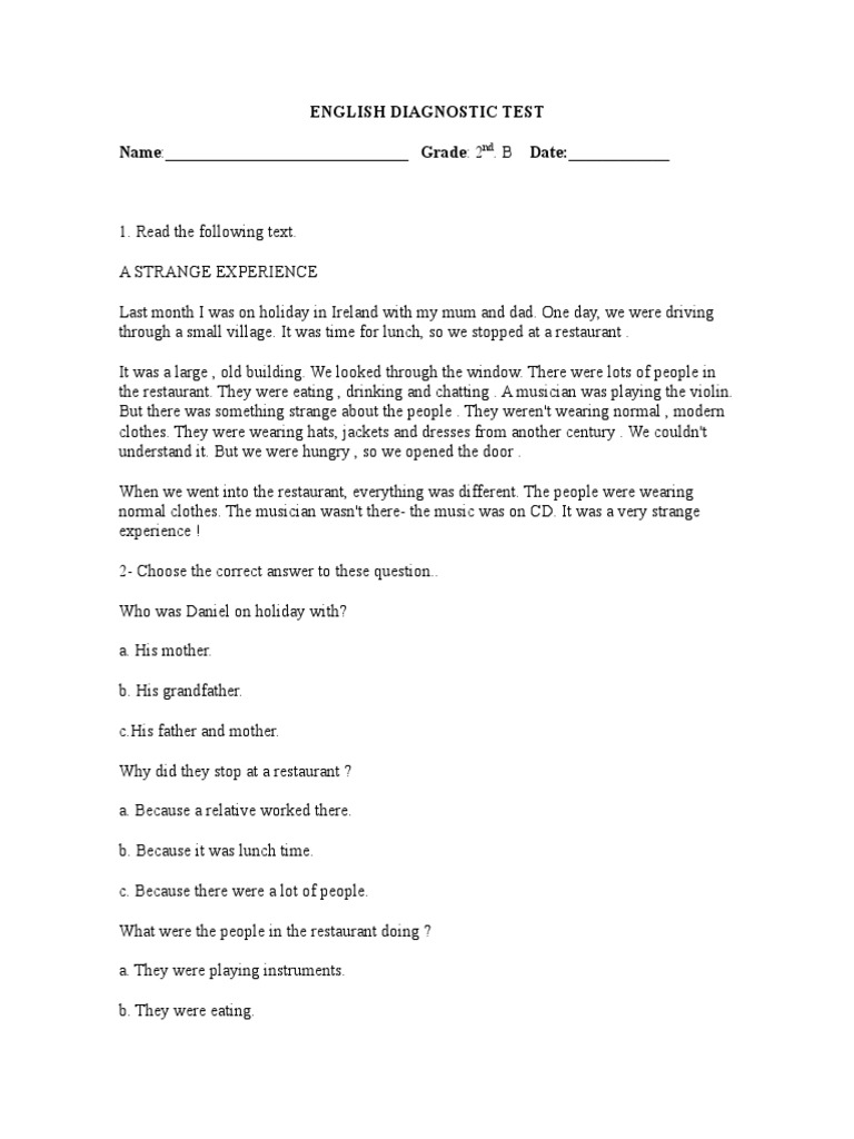 2nd Grade English Diagnostic Test | PDF | Leisure