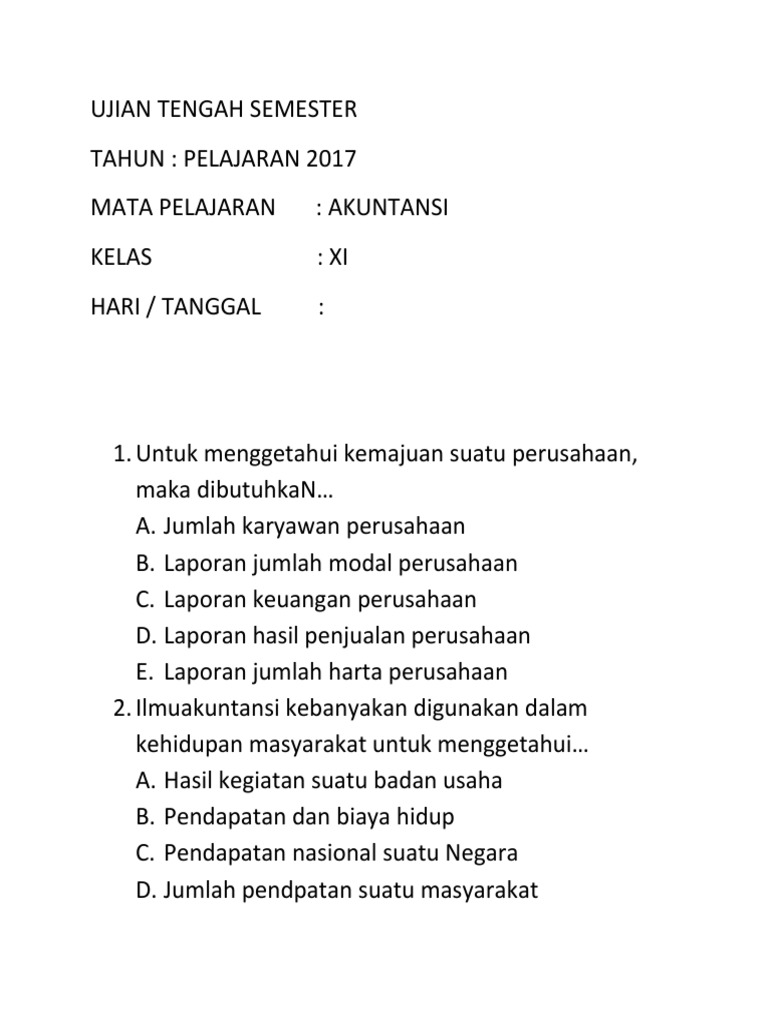 Ujian Tengah Semester Ganjil Akuntansi Kls Xi 2017