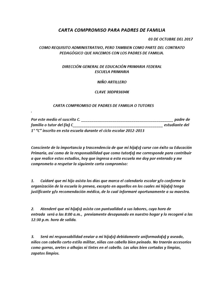 Carta Compromiso Para Padres de Familia