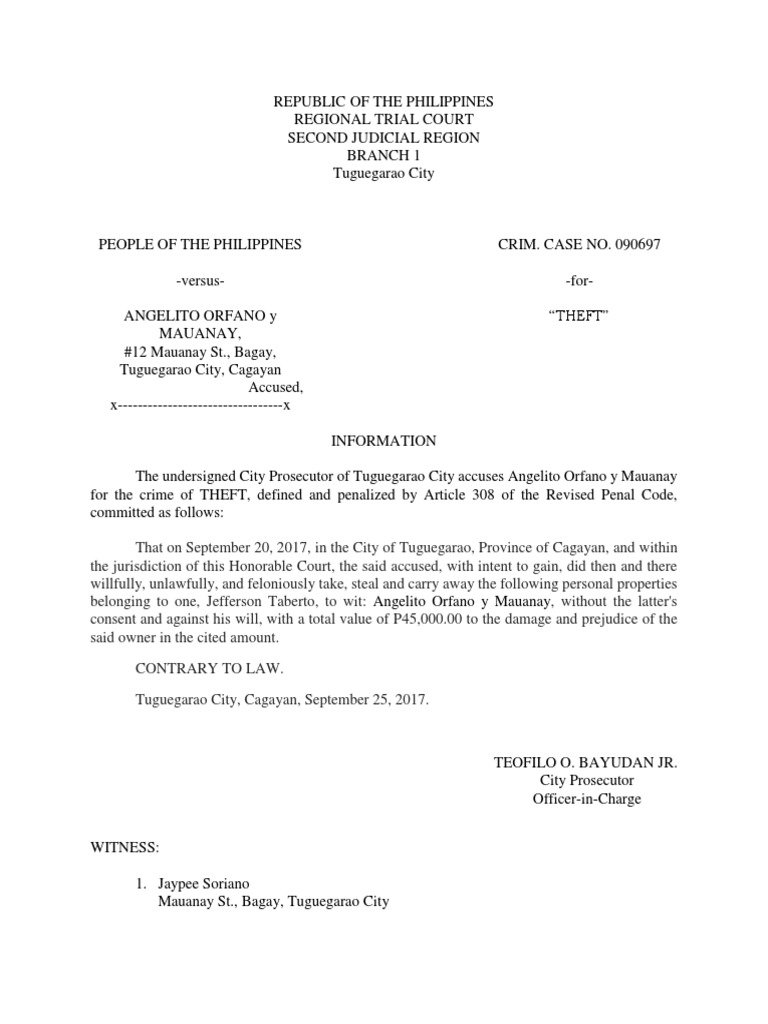 Information sample for theft Prosecutor Theft Free 30day Trial