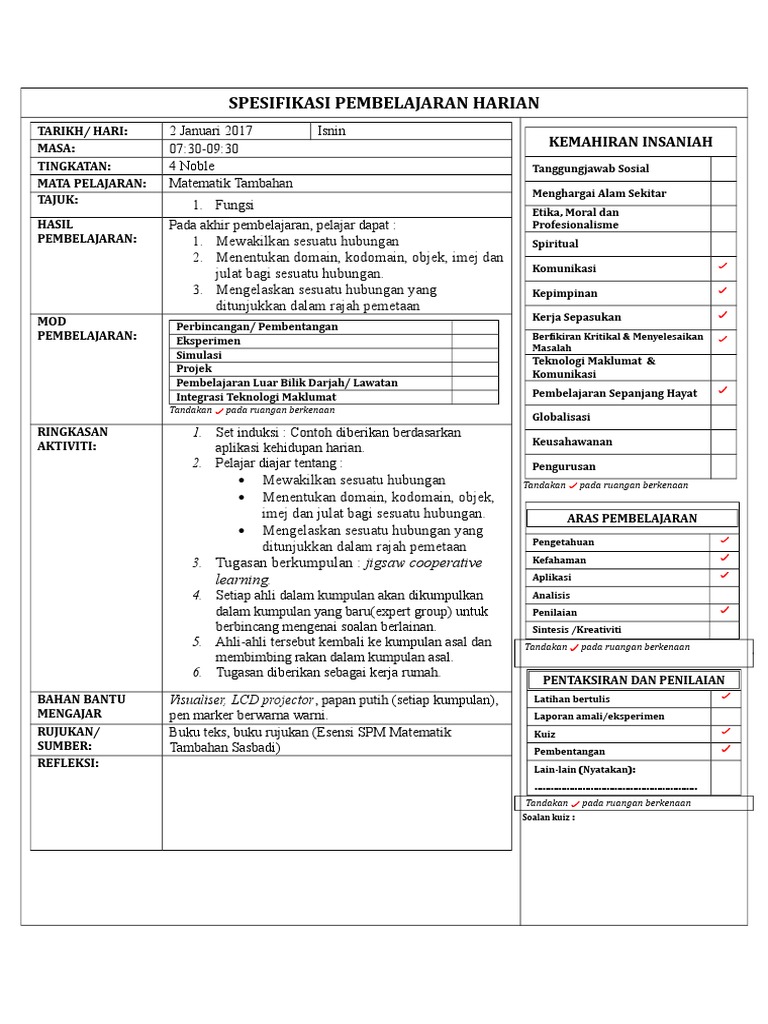 Rancangan Pengajaran Harian Matematik Tingkatan 1