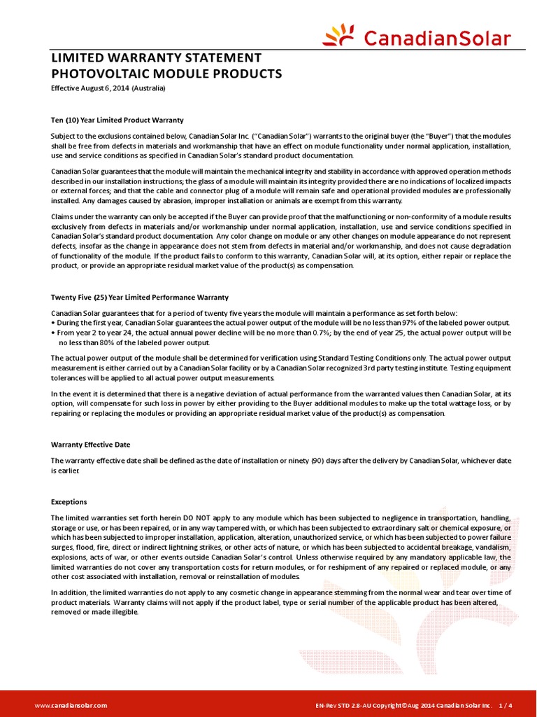 Canadian Solar Limited Warranty Statement Standard Module en-Rev 2.8-AU