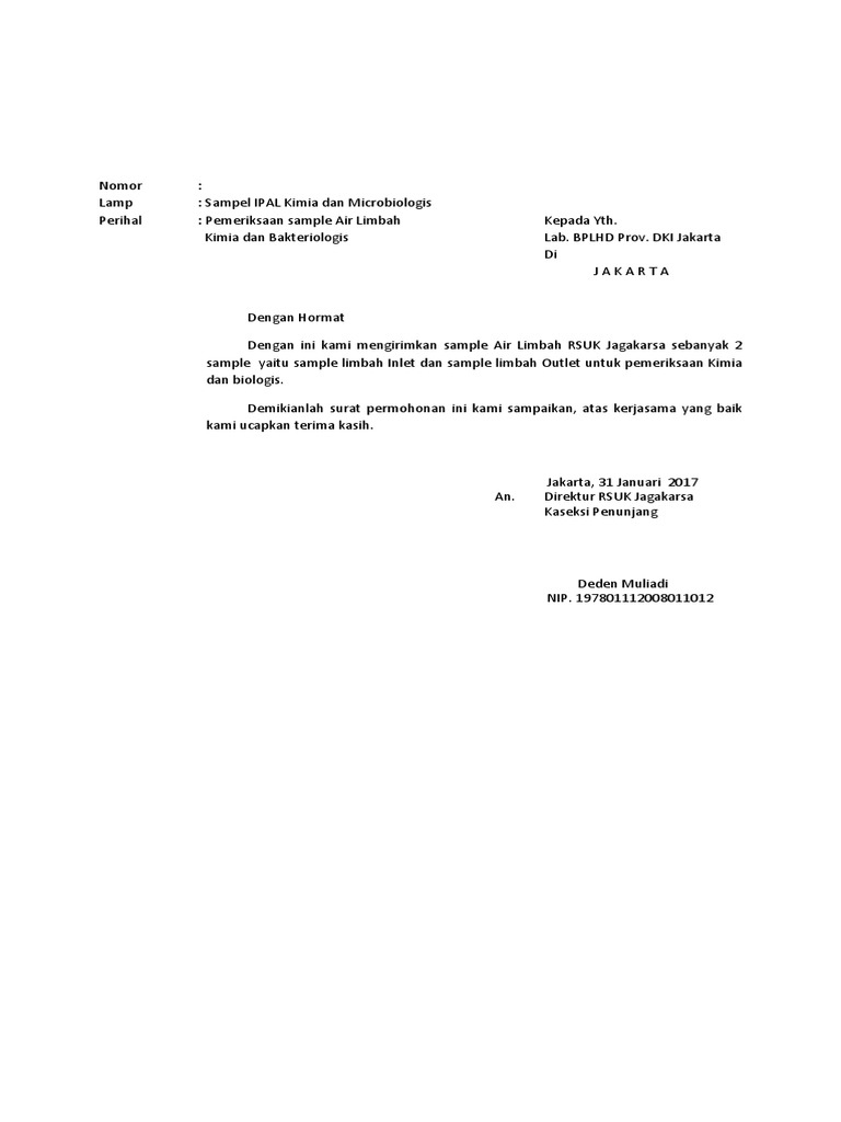 Surat Permohonan Pemeriksaan Sampel Air Limbah Dan Air Bersih