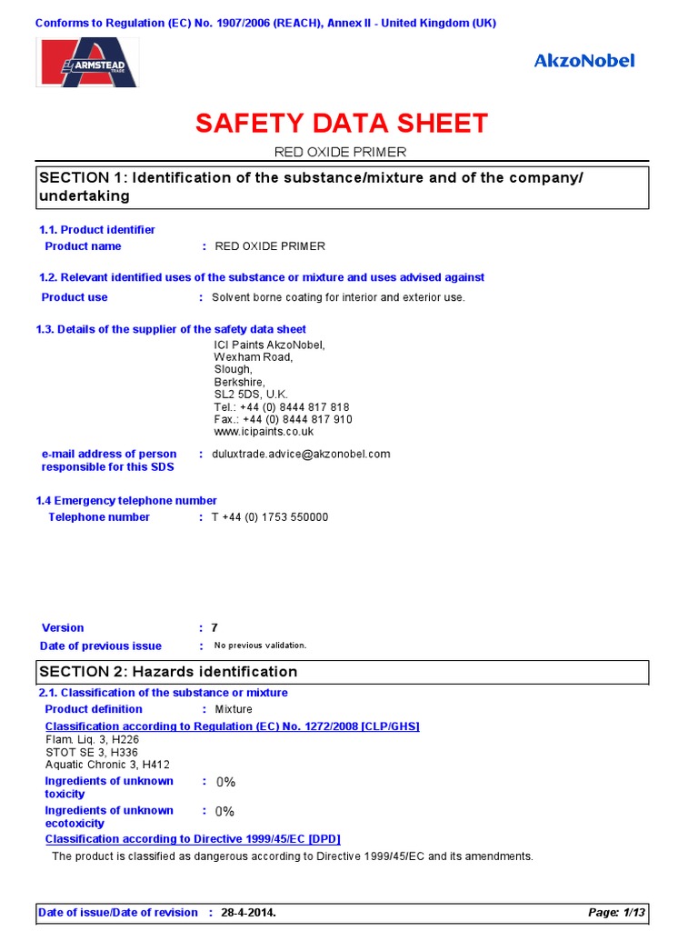 Canon Red Oxide Primer MSDS Toxicity Waste Management
