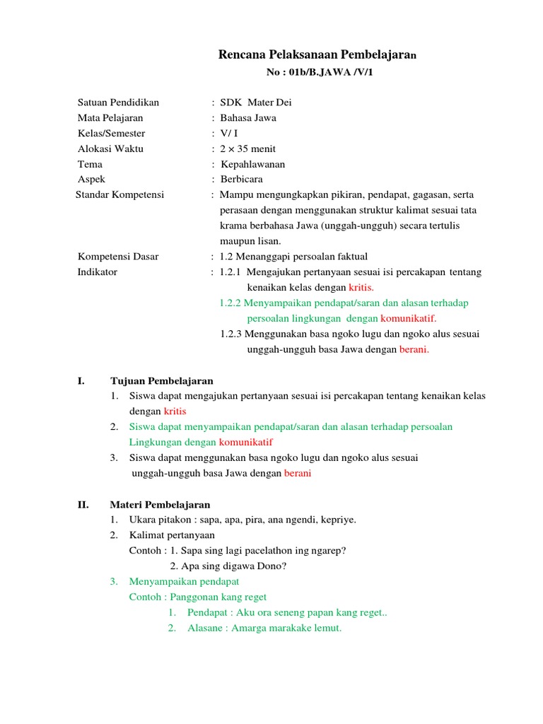 Rpp Bahasa Jawa Kelas V