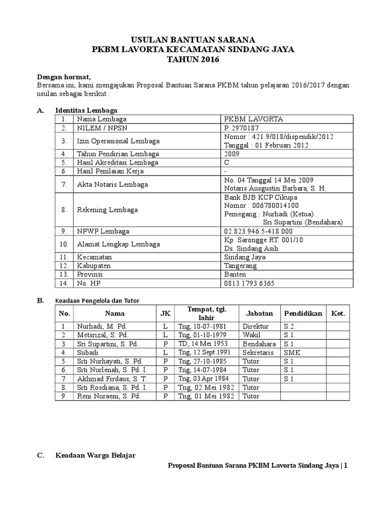 Proposal Bantuan Sarana PKBM 2016 | PDF