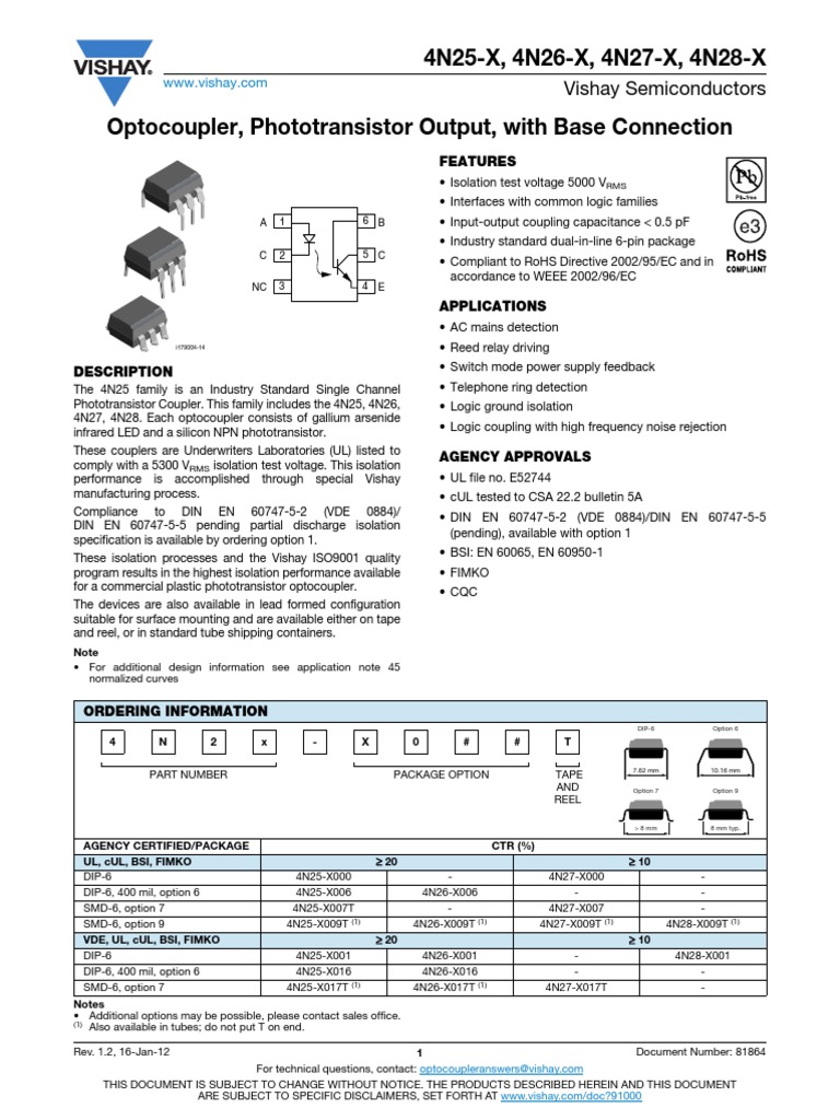 4N25X, 4N26X, 4N27X, 4N28X Optocoupler, Phototransistor Output