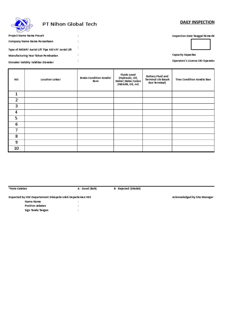 Inspection Mobile Elevating Work Platform (Aerial Lift) | PDF | Vehicle ...
