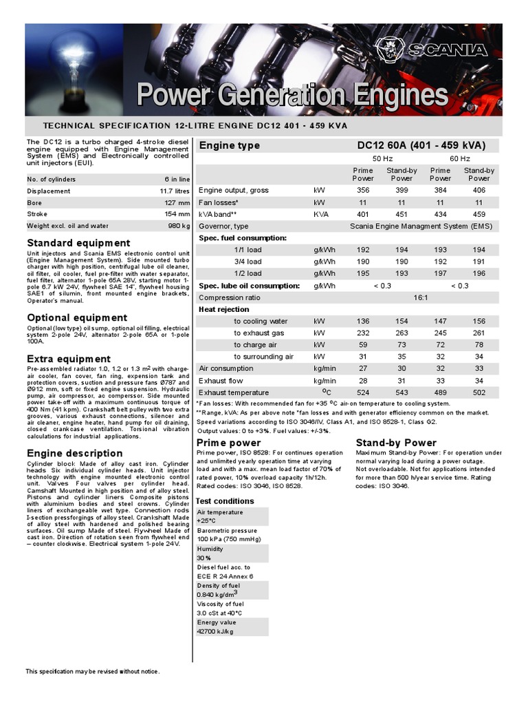 Scania dc12 Generator Engine Spec Sheet PDF | PDF | Piston | Diesel Engine