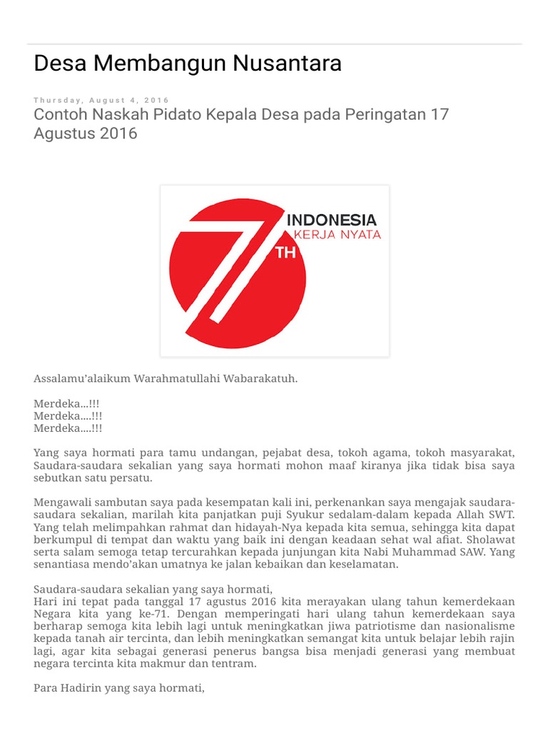 Desa Membangun Nusantara Contoh Naskah Pidato Kepala Desa Pada