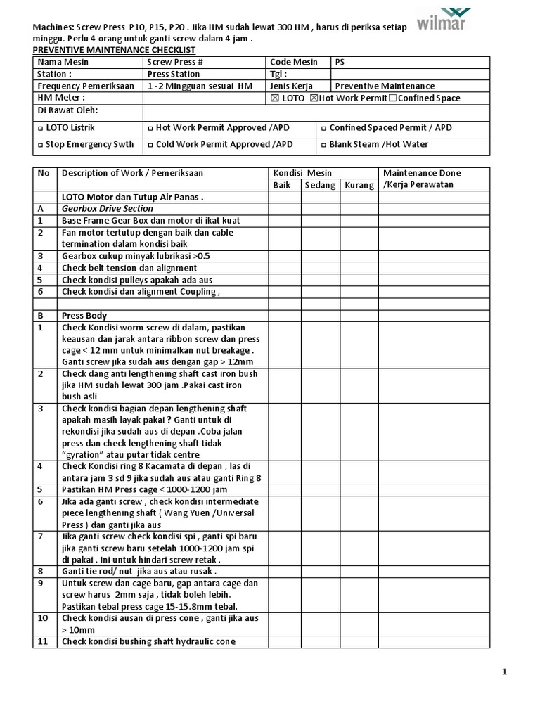 5 Screw Press Maintenance Check List