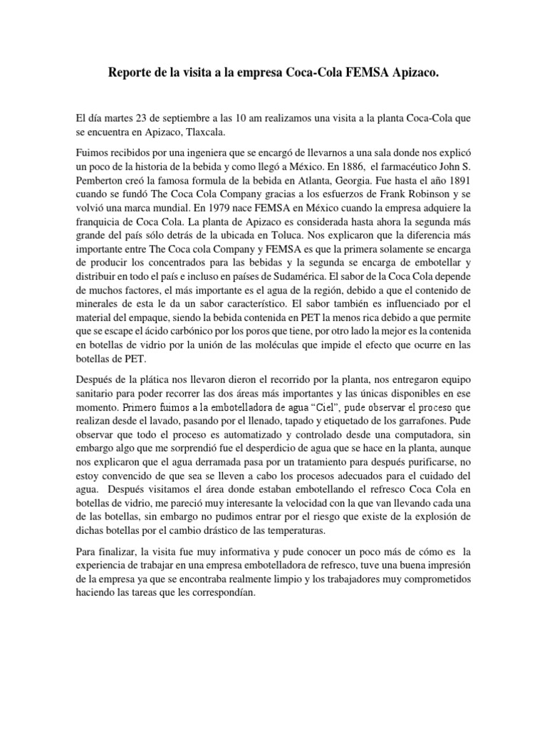 Reporte de La Visita a La Empresa Coca  Coca Cola  Bebidas  Free 30