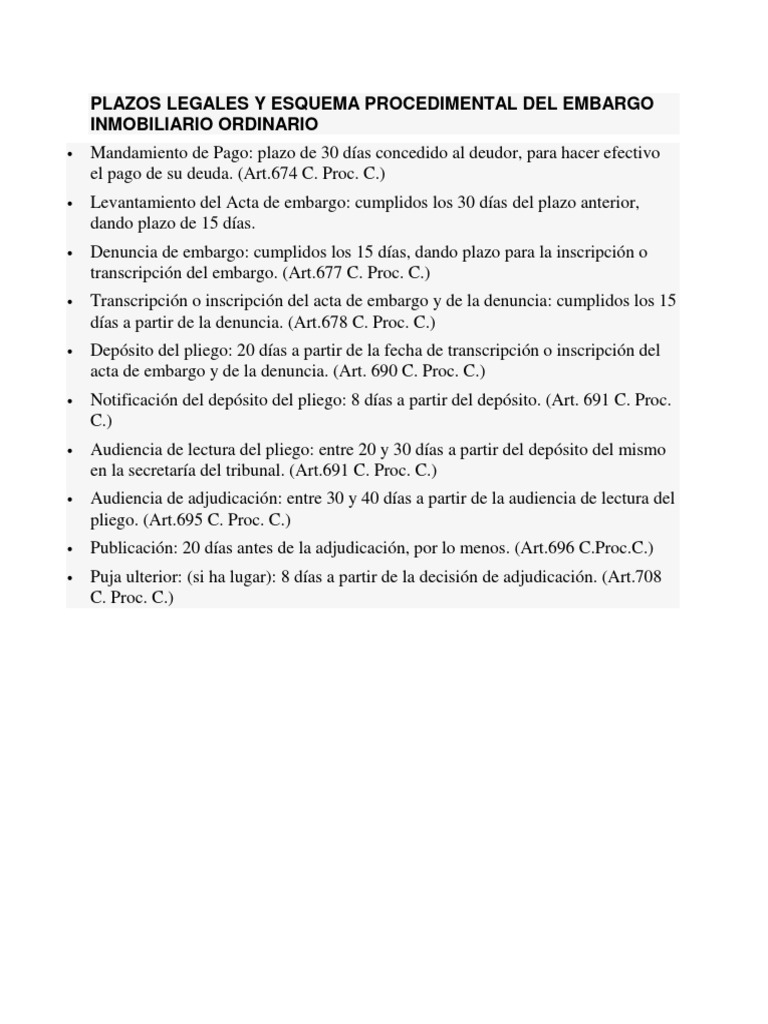 Plazos del Embargo Inmobiliario Ordinario | PDF
