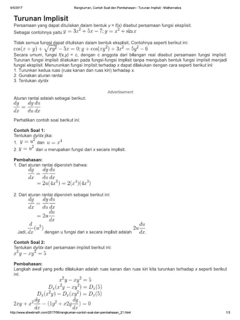 Rangkuman Contoh Soal Dan Pembahasan Turunan Implisit Mathematics