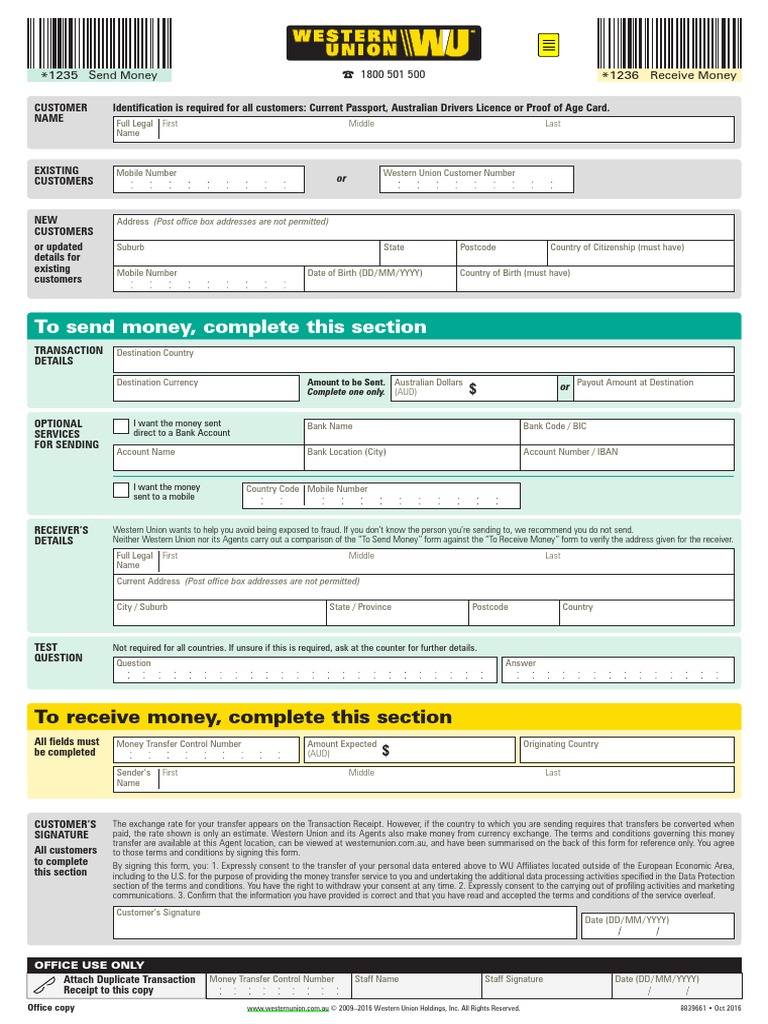 Western Union Money Transfer Form | PDF | Wire Transfer | Western Union