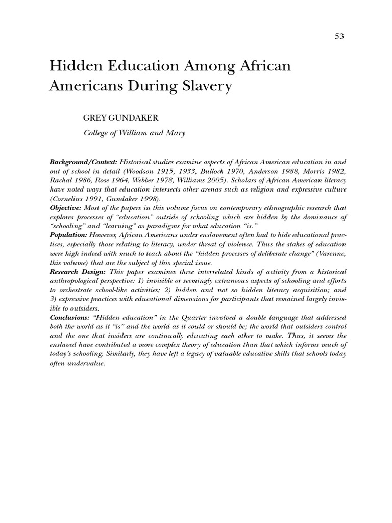 Gundaker 2008 Hidden Education Among African Americans During SL