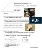 Avaliação de Ciências da Natureza sobre alimentação, reprodução e influência ambiental em animais