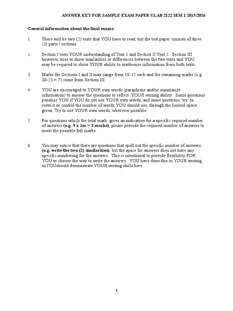 ULAB 2122 SEM 1 Exam Answer Key | PDF | Leadership | Test (Assessment)