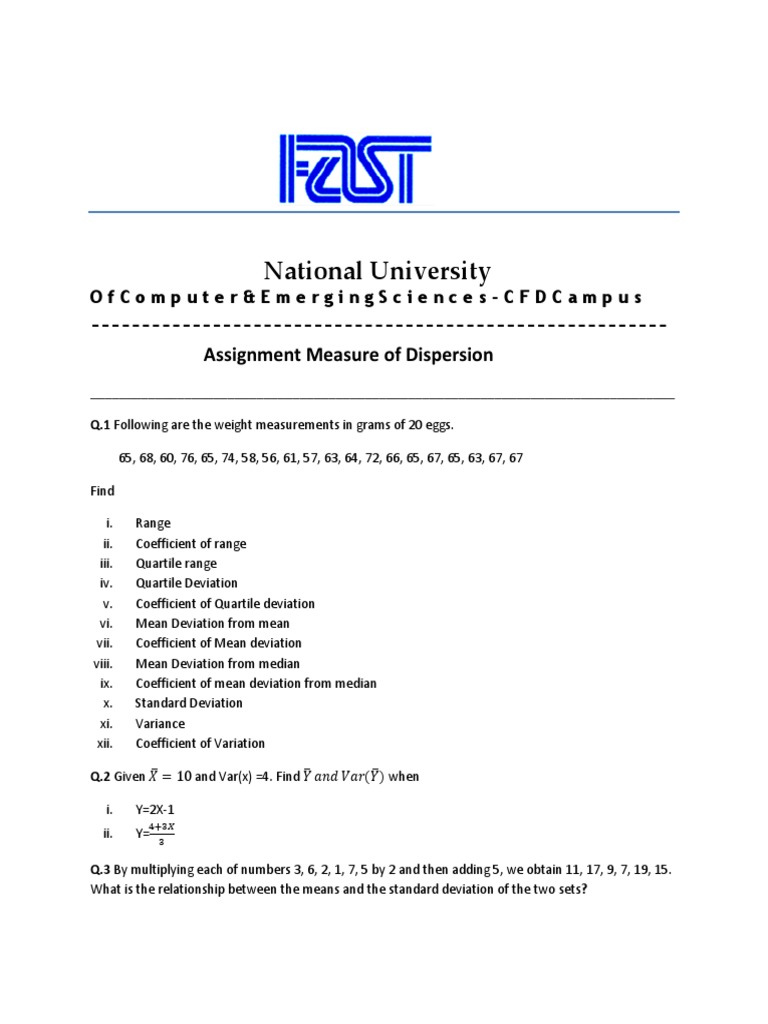 Assignment Measure of Dispersion | PDF | Median | Coefficient Of Variation