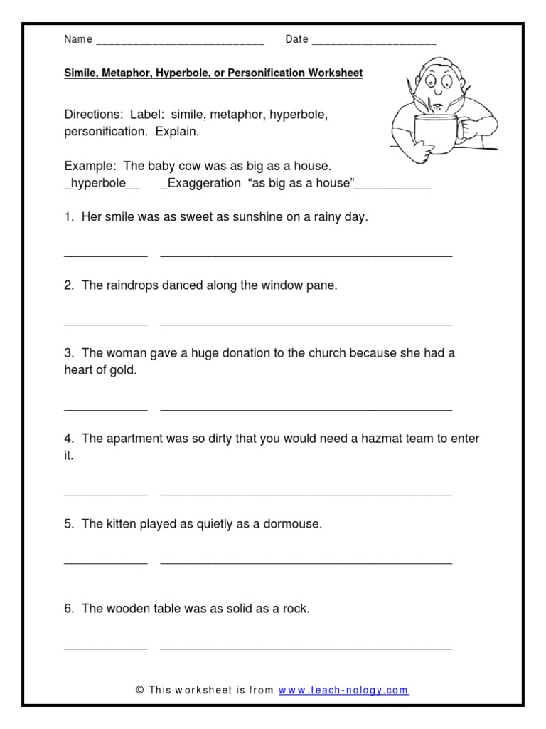 Simile, Metaphor, Hyperbole, or Personification Worksheet  PDF Inside Simile Metaphor Personification Worksheet