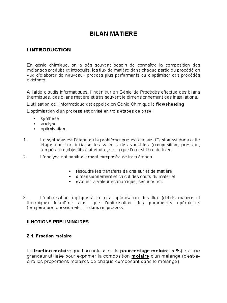 Bilan de matière en génie chimique | PDF | Concentration molaire ...