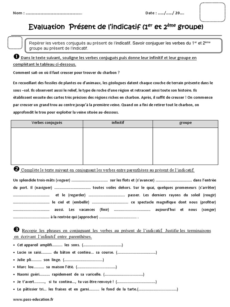 Exercices Présent De L indicatif 6ème à Imprimer Verbes Du 1er Et 2ème Groupe Présent de L'indicatif Cm2 Evaluation Bilan |  PDF | Verbe | La nature