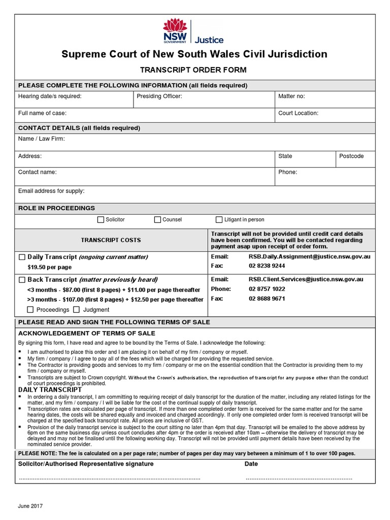 Request for Transcript Order Form from the Supreme Court of New South ...