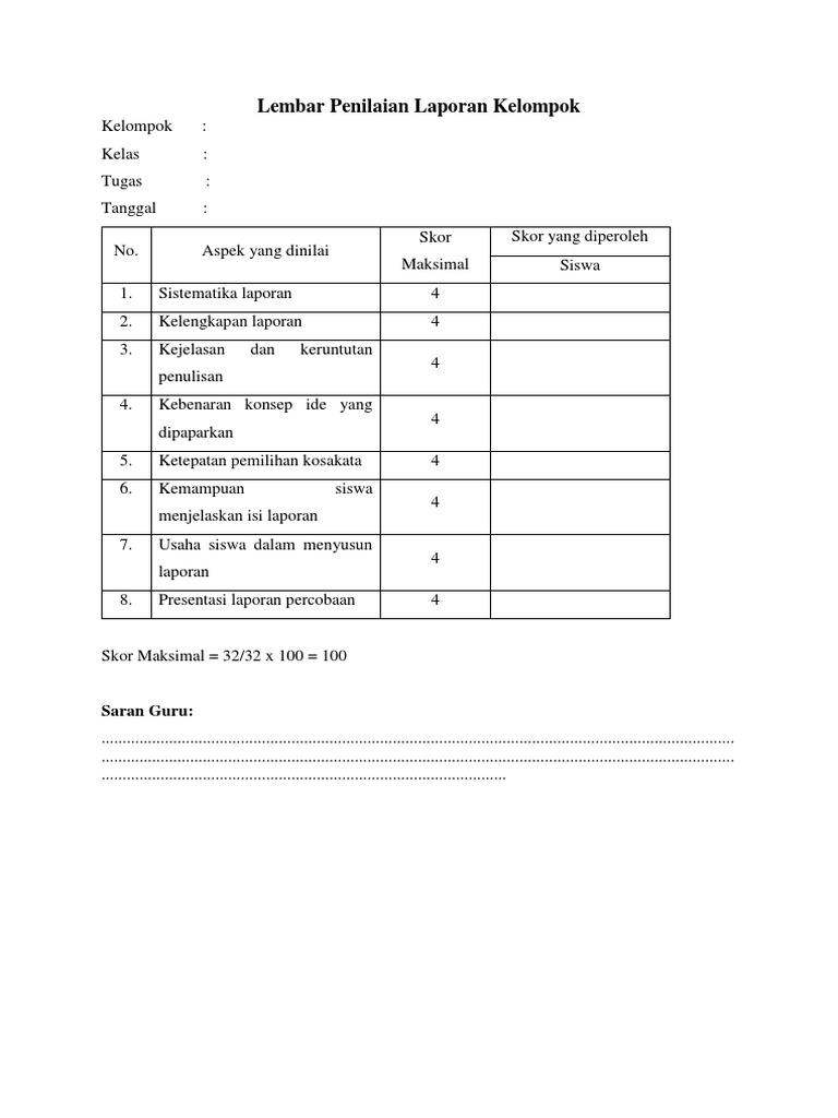 Rubrik Penilaian Laporan Kelompok