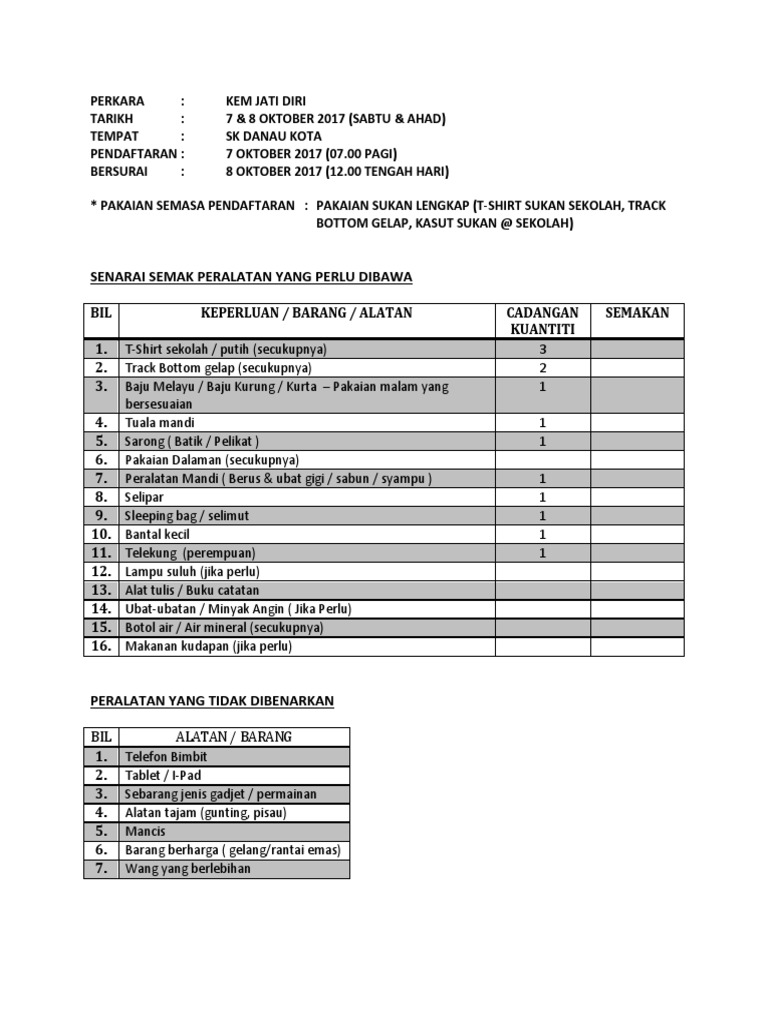 Senarai Semak Barang | PDF