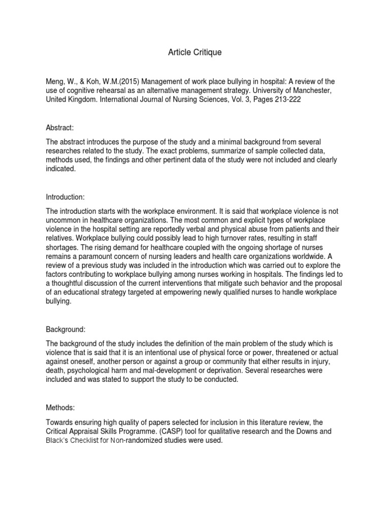 Example of article critique about bullying picture