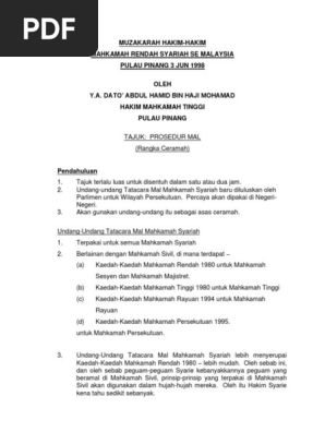 Muzakarah Hakim Hakim Mahkamah Rendah Syariah Se Malaysia Prosedur Mal Pdf