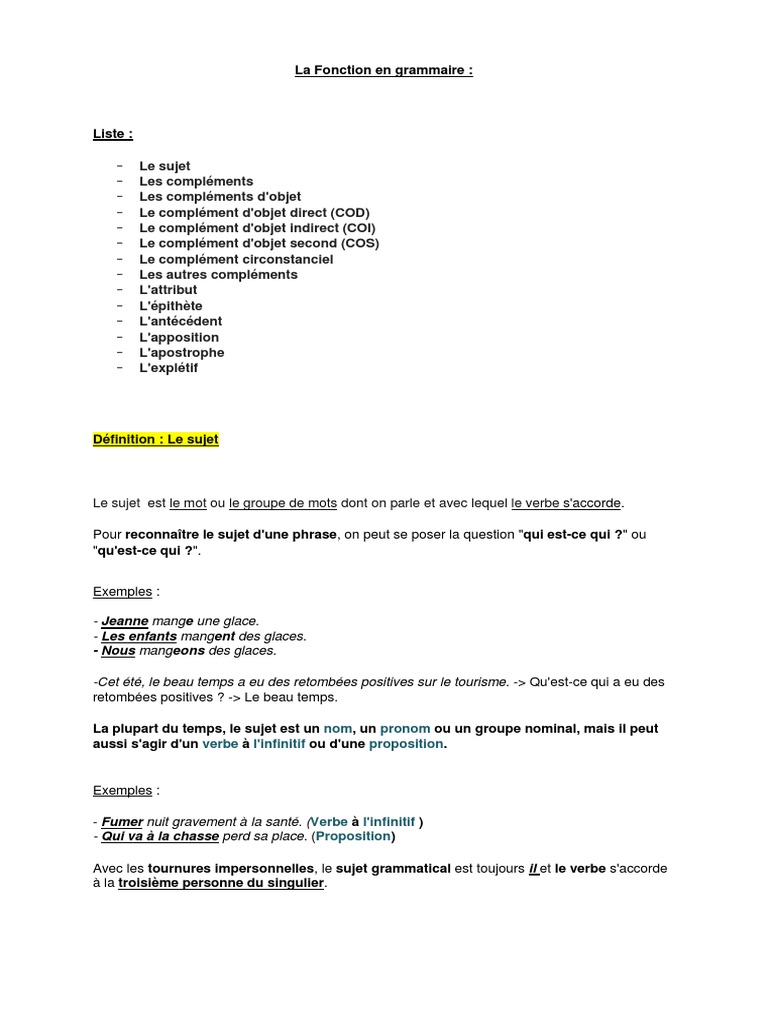 Exercice Cod Coi Attribut Du Sujet 6ème Pdf La Fonction en Grammaire | PDF | Sujet (Grammaire) | Clause