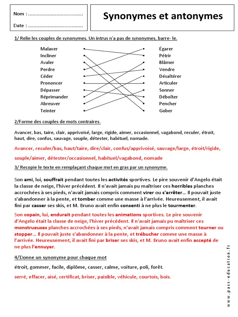 La Grammaire Par Les Exercices 6ème Corriges Pdf Correction Antonymes Synonymes 6ème - Exercices Corrigés | PDF | Des sports  | Loisirs