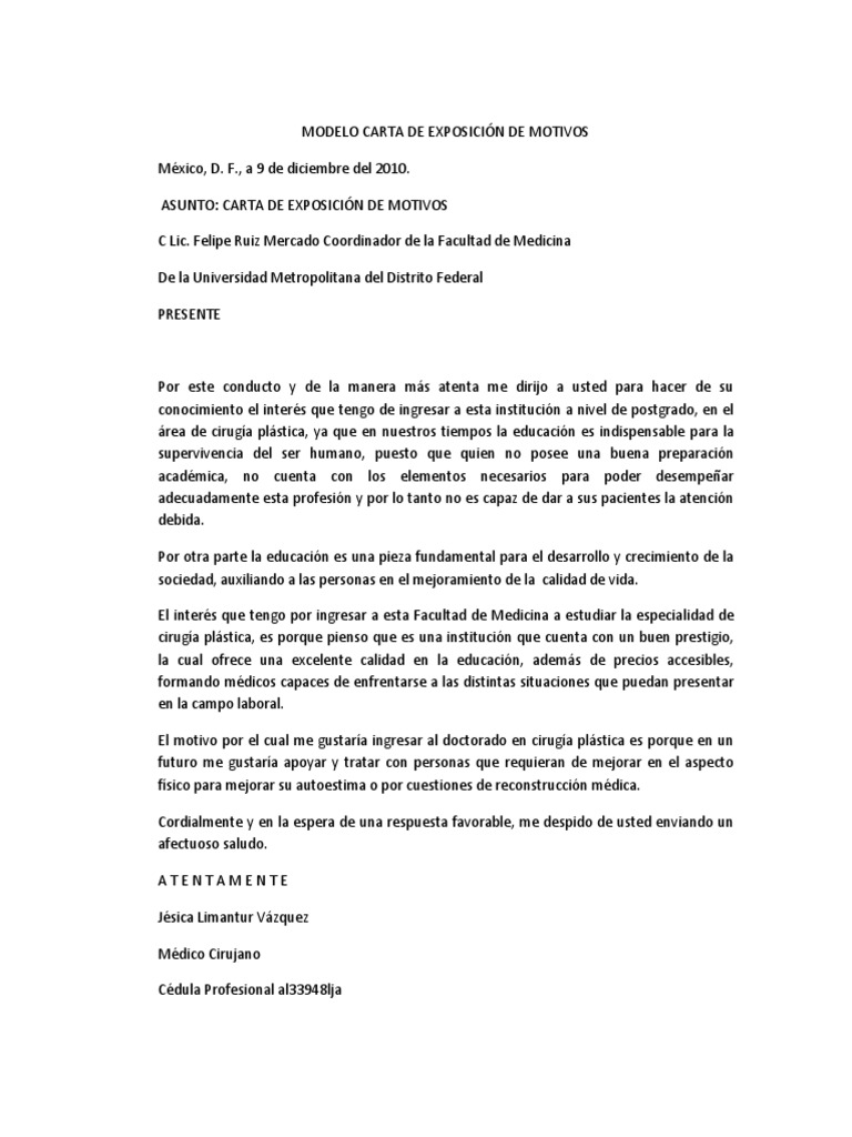 Carta De Exposicion De Motivos Para Estudiar Una Especialidad