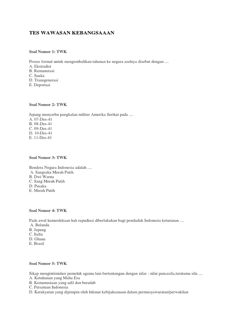 Soal Cpns Tes Wawasan Kebangsaaan