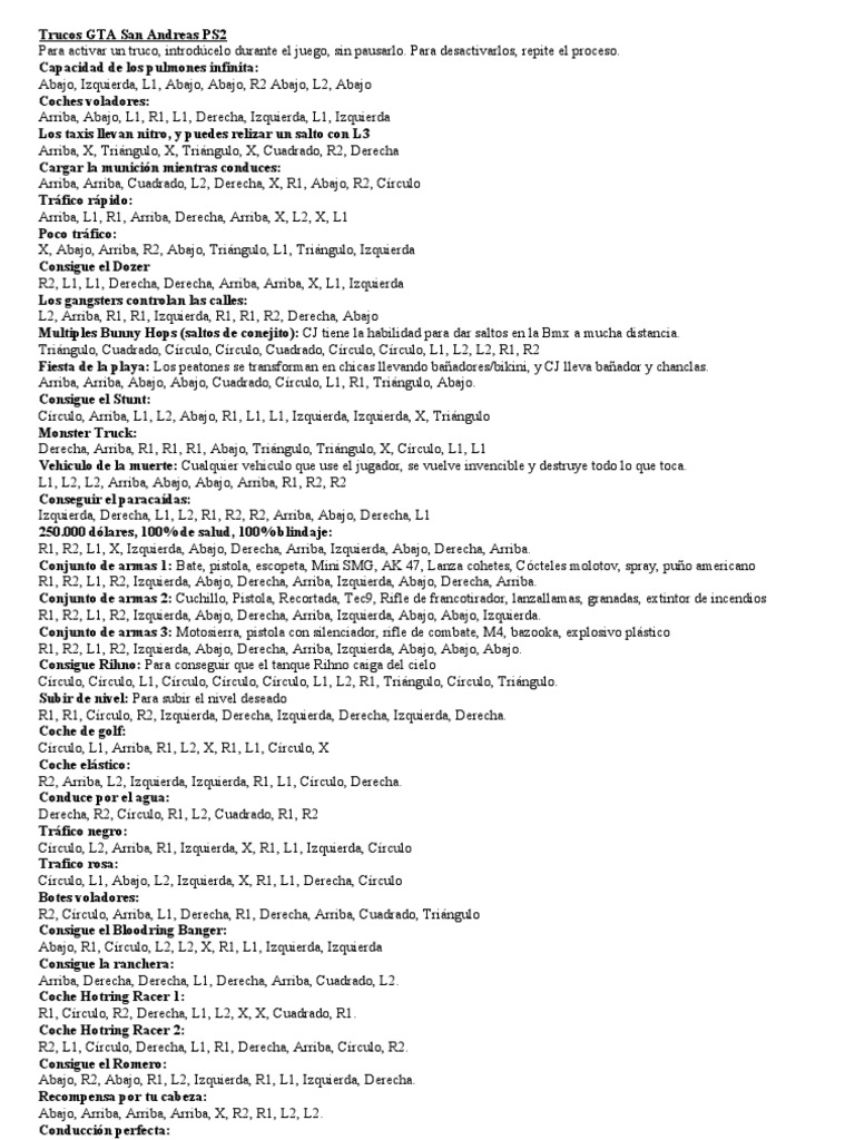 GTA San Andreas 2023: lista de trucos para gozar de todo el inventario en  PS2, PS3 y Android, Guía de trucos, Hacks, HESOYAM, DEPOR-PLAY