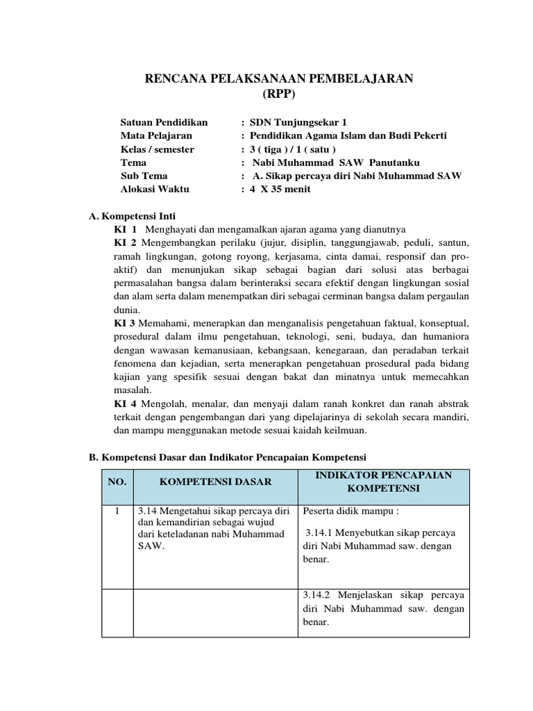RPP PAI Kelas 3: Sikap Percaya Diri | PDF