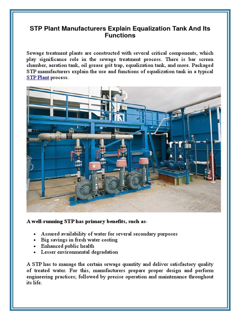 STP Plant Manufacturers Explain Equalization Tank and Its Functions Download Free PDF Sewage