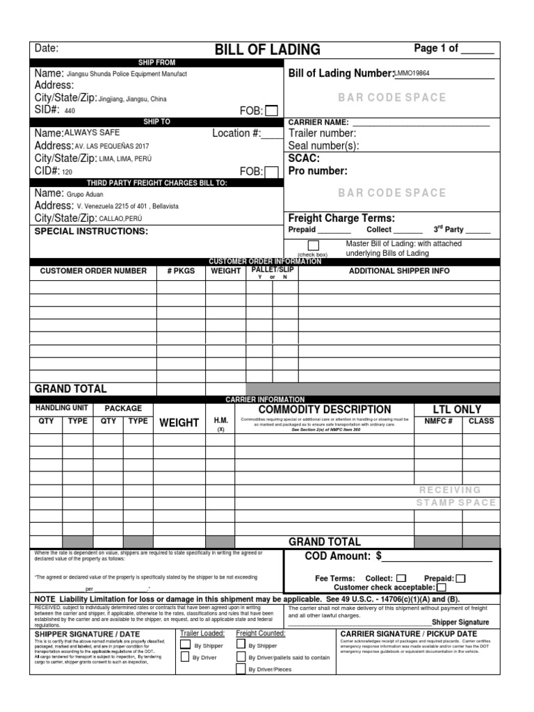 freight bill of lading form